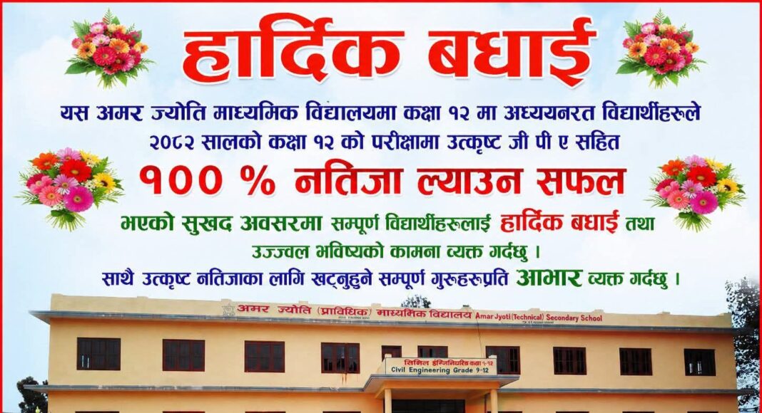 अमरज्योति माध्यमिक विद्यालयको कक्षा १२ मा शतप्रतिशत नतिजा, विद्यार्थीलाई बधाई र शिक्षकप्रति आभार
